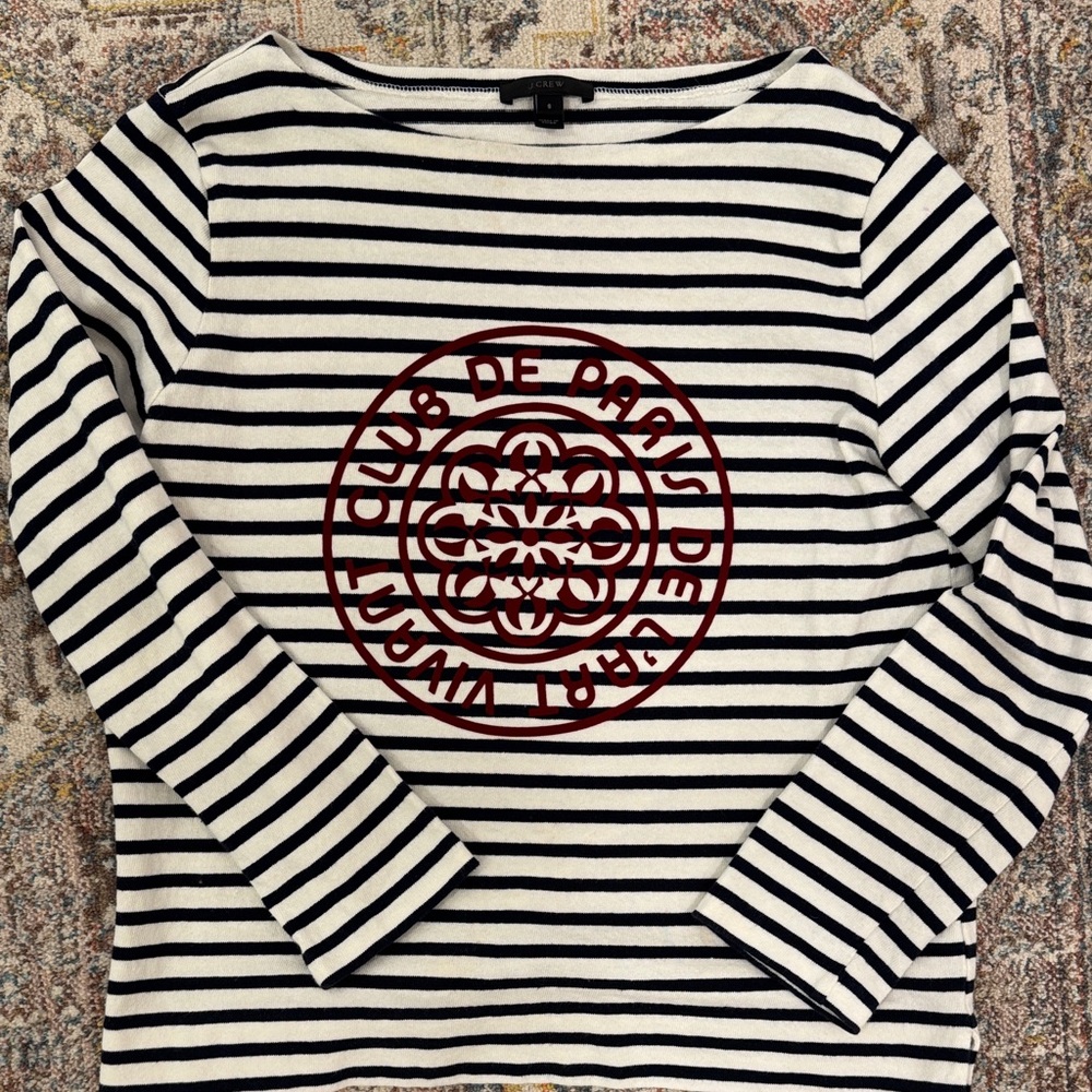 J. Crew Navy and White Striped Top with Red Velvet Accent